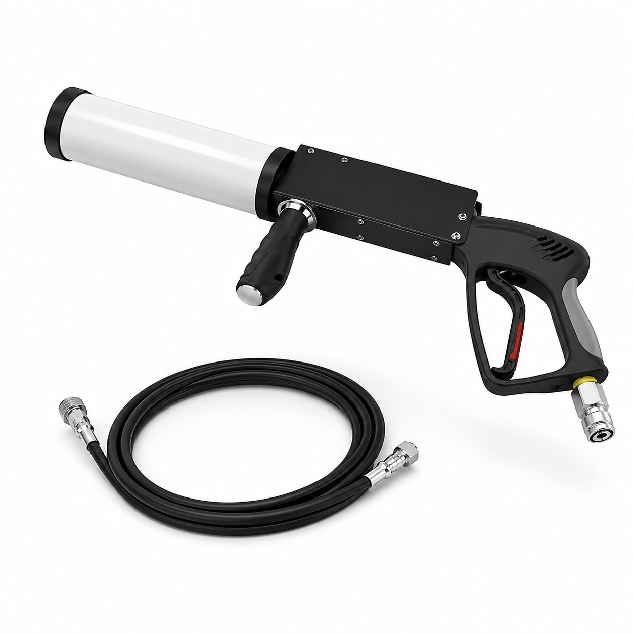 Handheld LED CO₂ Confetti Gun with white aluminium barrel and high-pressure hose