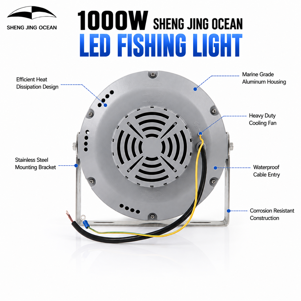1000W Sheng Jing Ocean LED Fishing Light back view with feature callouts