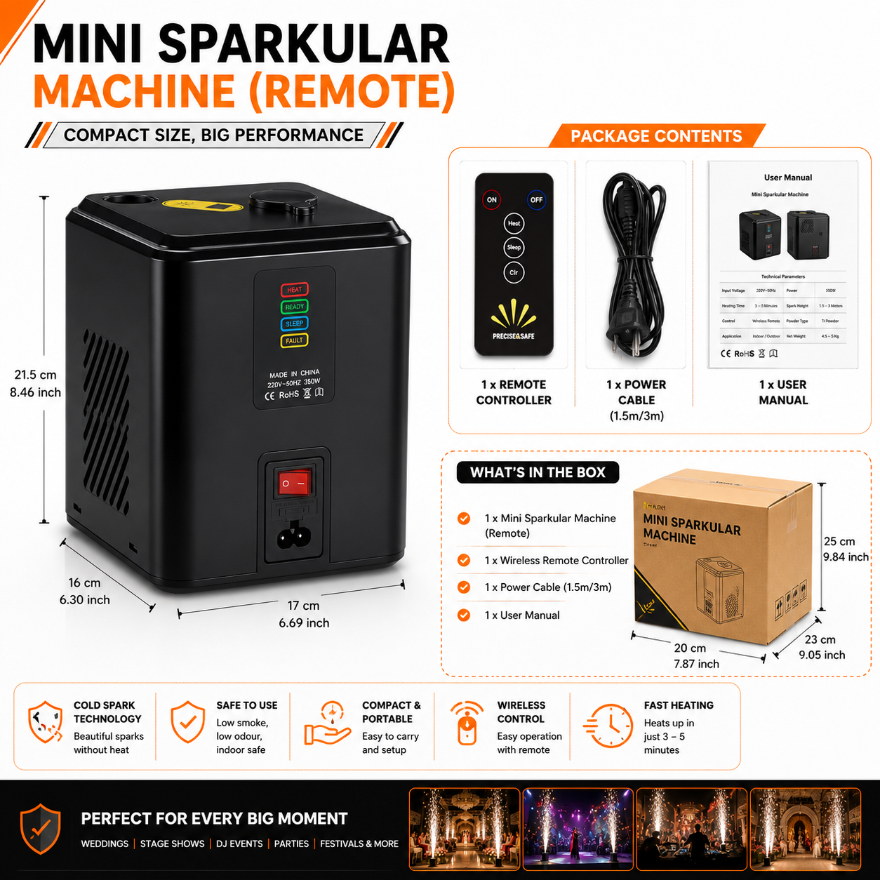 Mini Sparkular Machine Remote Front View Mini Sparkular Machine Remote front view showing control panel and cooling vent