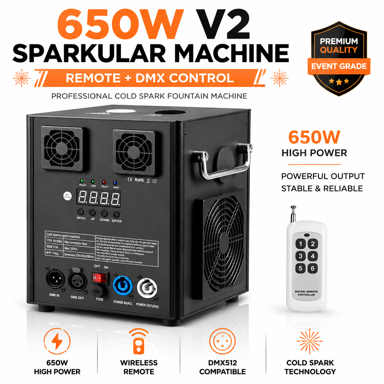 Sparkular Machine 650W V2 Cold Spark Fountain with Remote and DMX