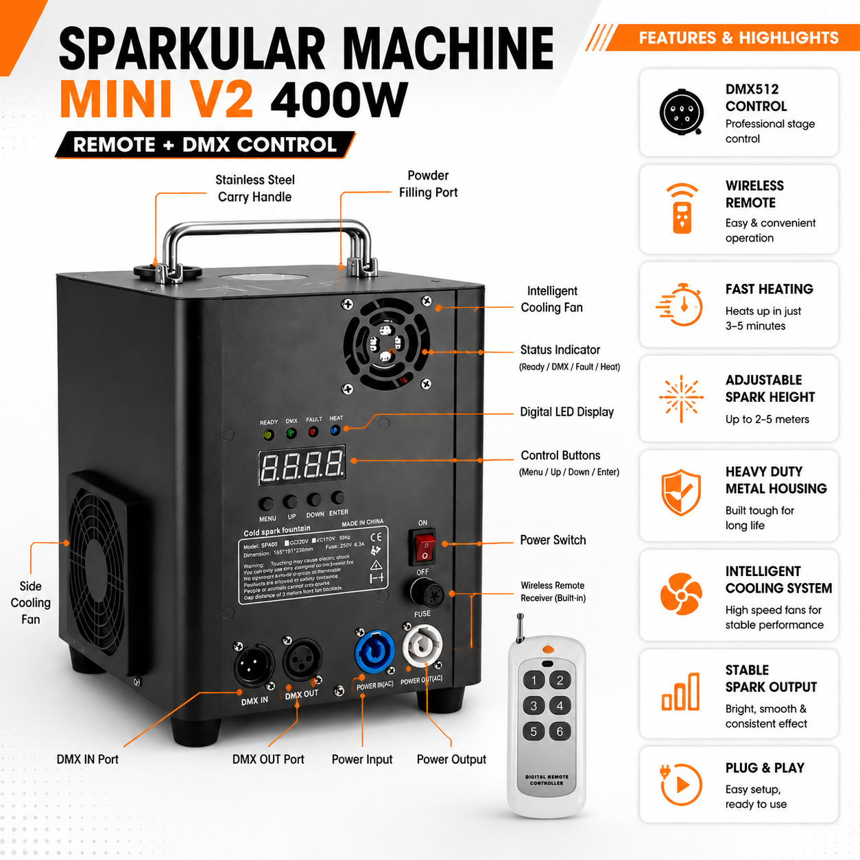 Sparkular Machine Mini V2 400W features - DMX512 control, wireless remote, fast heating, adjustable spark height