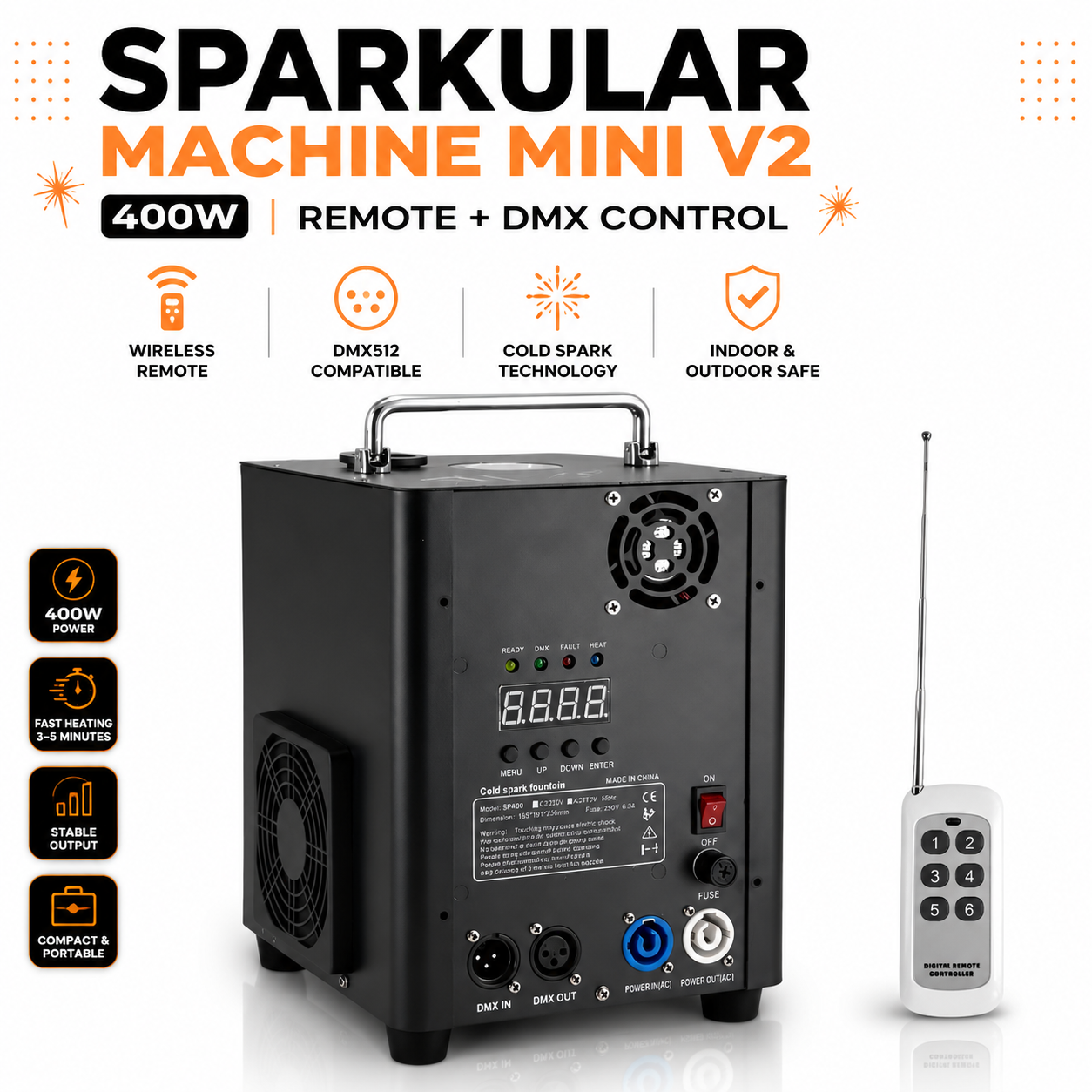 Sparkular Machine Mini V2 400W cold spark fountain machine with wireless remote and DMX512 control