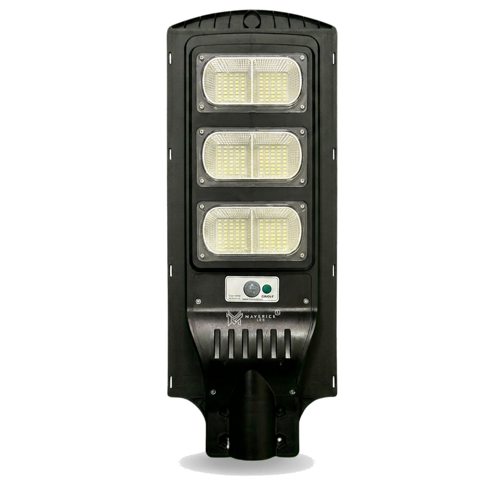 120W Maverick LED integrated solar street light with motion sensor, three LED panels, white background